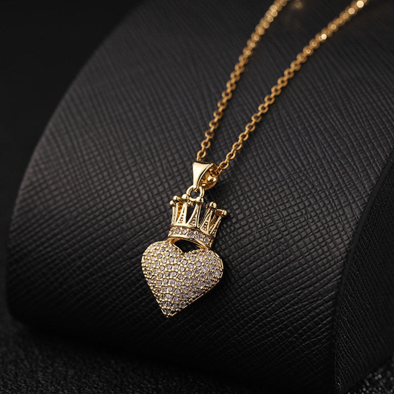 Iced Heart Crown Pendant Necklace